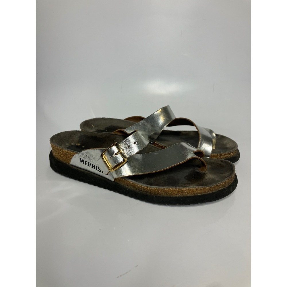 Mephisto Helen Sandals Womens 39 Silver Fair‎ Metallic Cork Footbed Buckle Slide